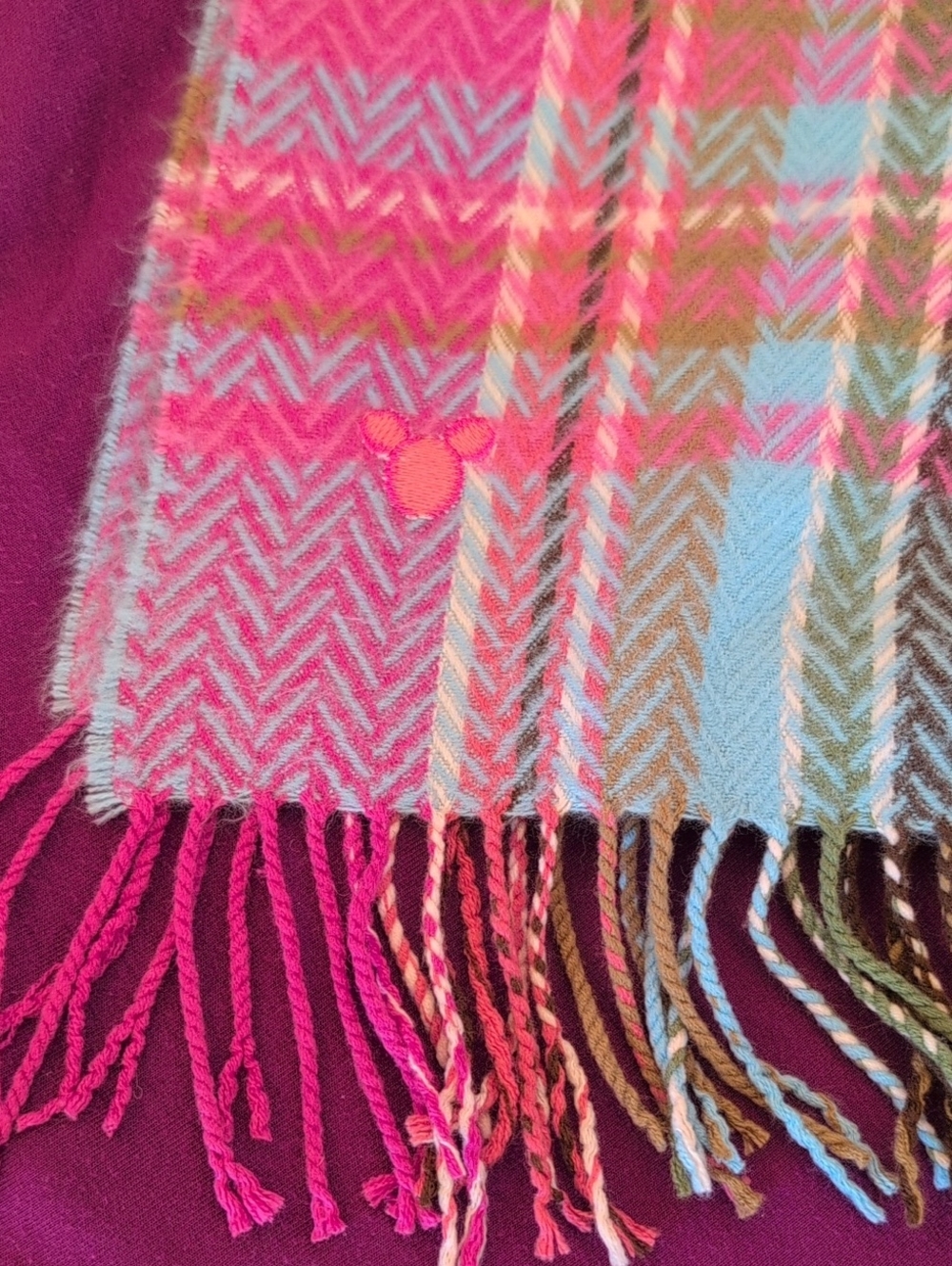 Disney Pink Multicolor Plaid Fringe Scarf Shawl